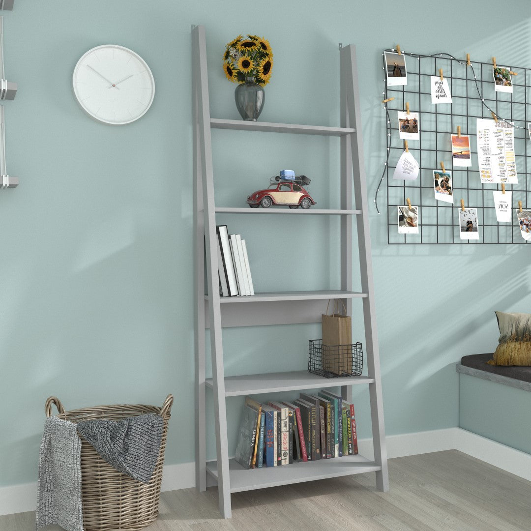 Grey Ladder Bookcase – LPD Tiva, 5 Shelf Storage. Sale Price