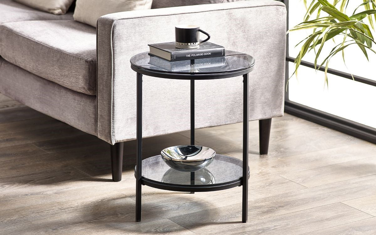 Julian Bowen Chicago Smoked Glass Circular Lamp Table With Shelf