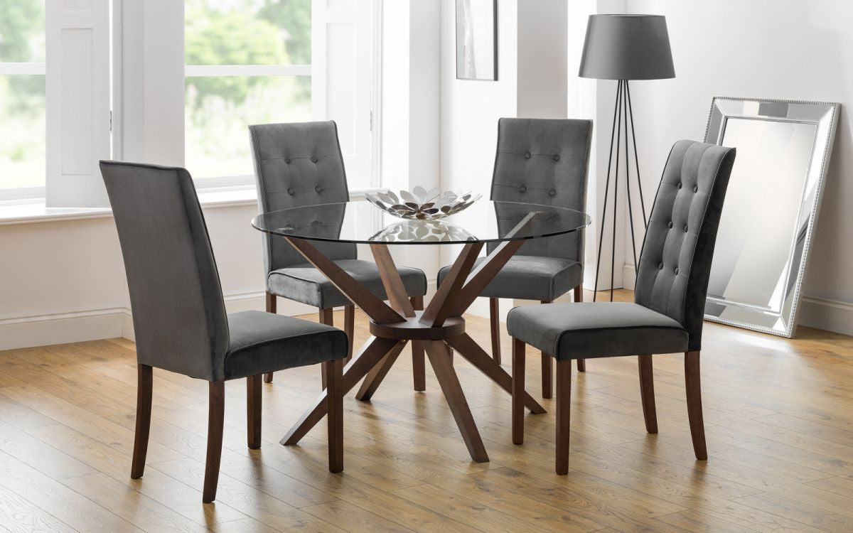 2 x Julian Bowen Madrid Dark Grey Velvet Dining Chairs With Walnut Finish Legs