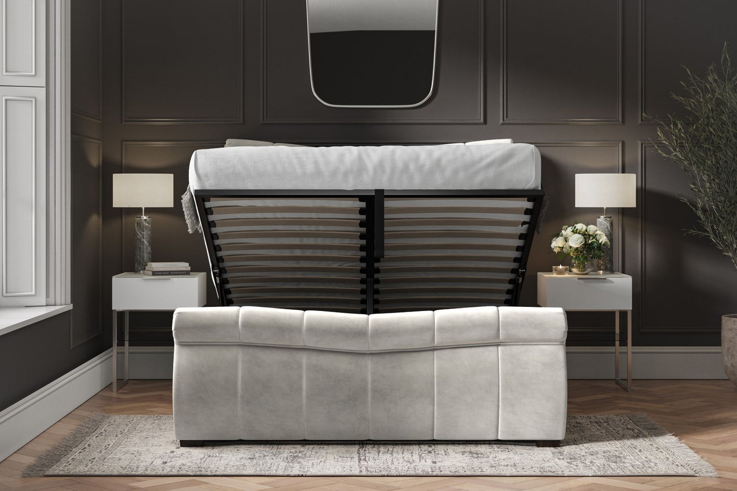Lift-up storage bed in light grey velvet – Emporia Bosworth kingsize