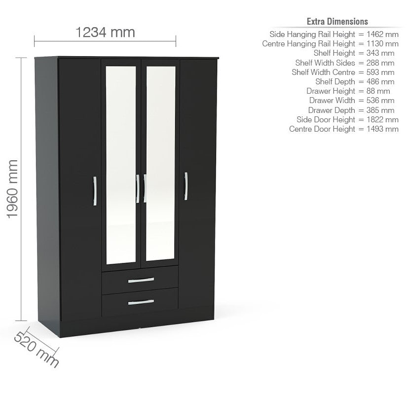 Birlea Lynx Black 4 Door 2 Drawer Wardrobe With Mirror