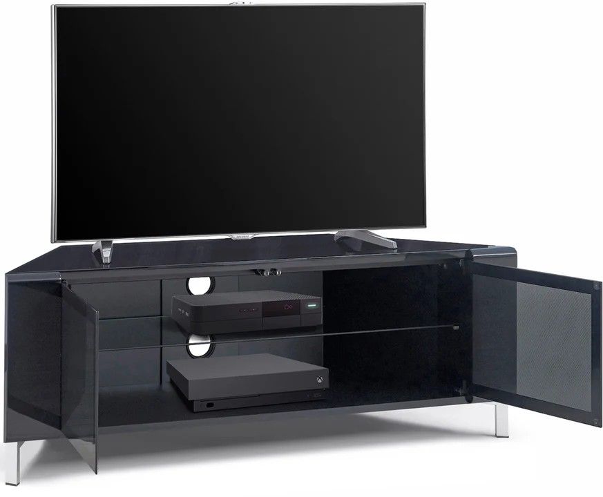 MDA Designs CORVUS gloss black corner TV cabinet with BeamThru doors open showing games console storage