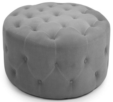 Shankar Verona Round Brushed Velvet Grey Upholstered Tufted Buttoned Pouffe