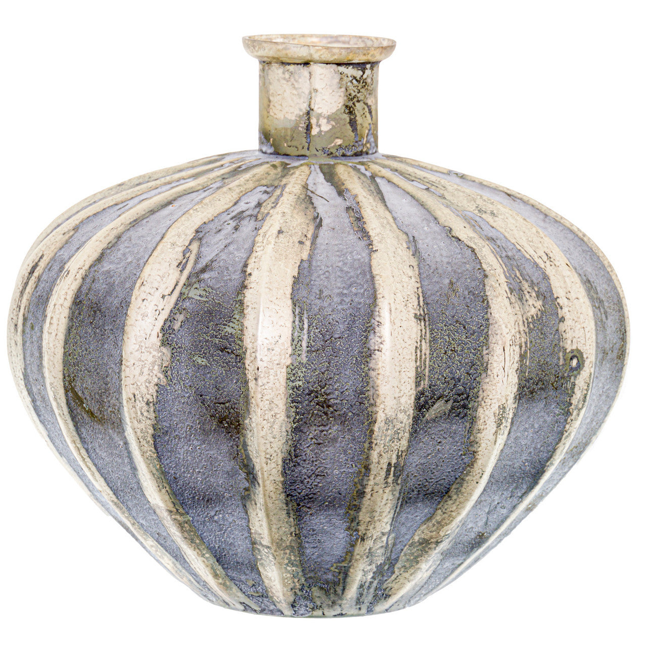 Burnished And Grey Striped Squat Vase