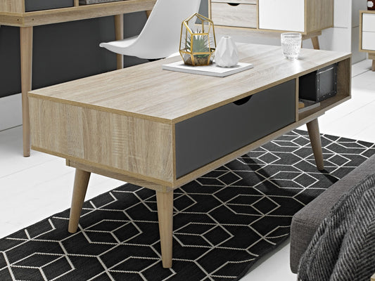 LPD Scandi Grey Oak Coffee Table with Drawer Shelf