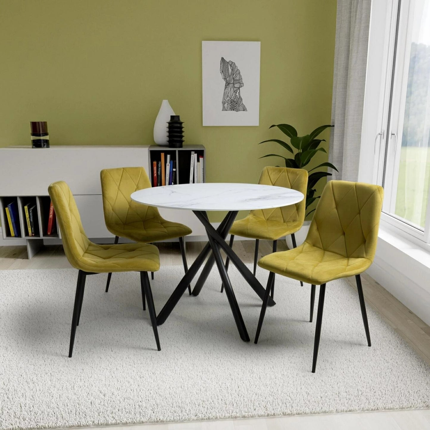 Shankar Avesta White Marble Effect 100cm Round Table with 4 Vernon Yellow Dining Set