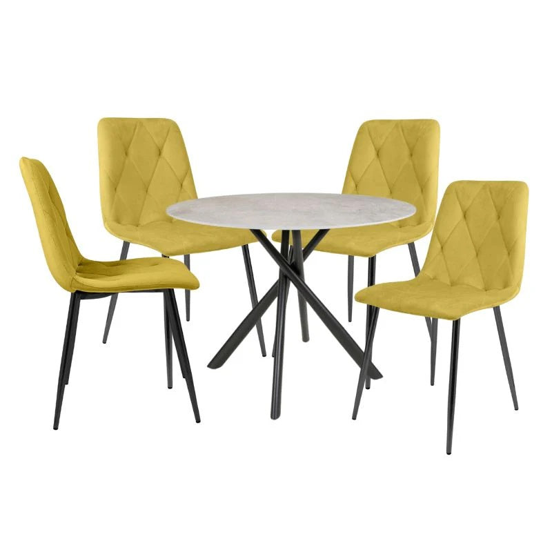 Shankar Avesta Grey Marble Effect 100cm Round Table with 4 Vernon Yellow Dining Set