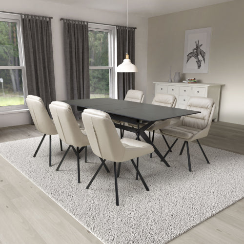 Shankar Timor Black Marble Effect 180cm Extending Dining Table with 6 Arnhem Cream Dining Set