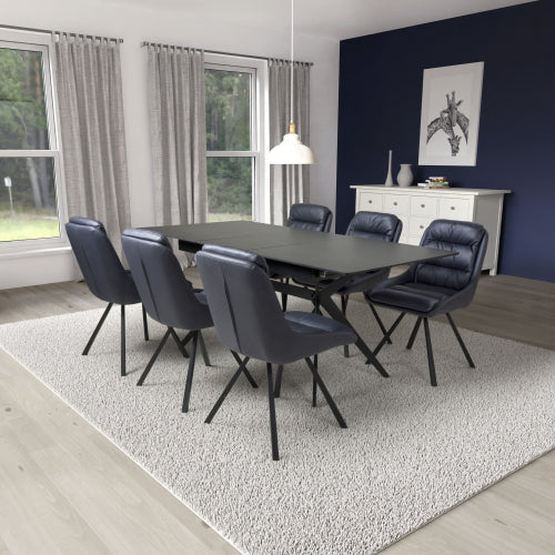 Shankar Timor Black Marble Effect 180 cm Extending Dining Table with 6 Arnhem Midnight Blue Dining Set