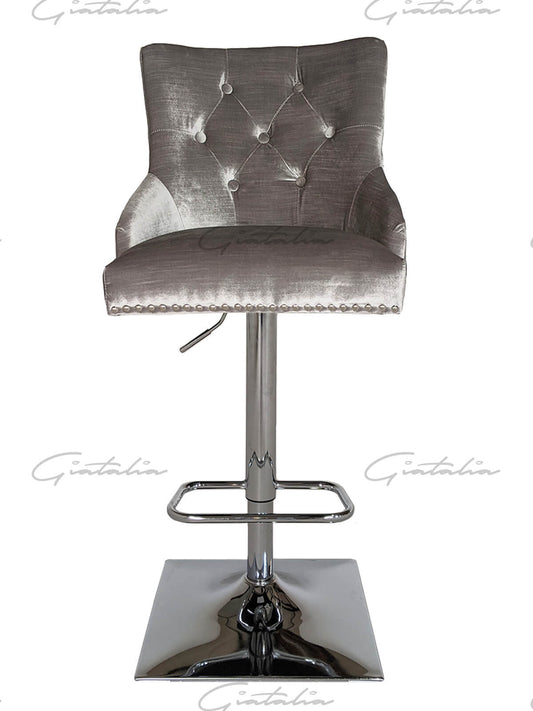 Giatalia Knightsbridge Shimmer Grey French Velvet Barstool Plain Back & Round Knocker