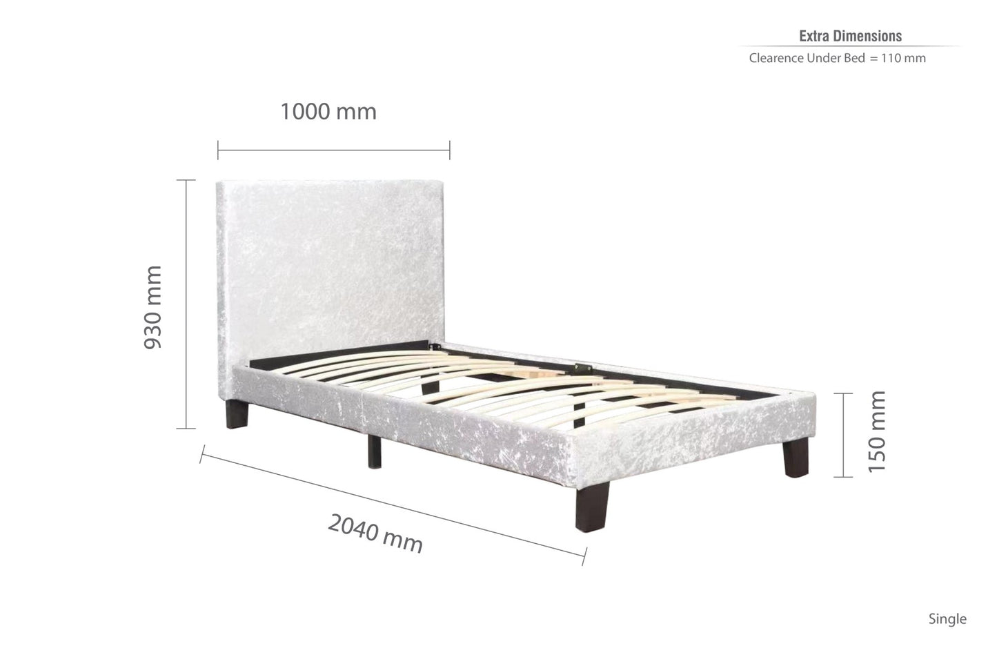 Birlea Berlin 3ft Single Steel Grey Crushed Velvet Bed Frame