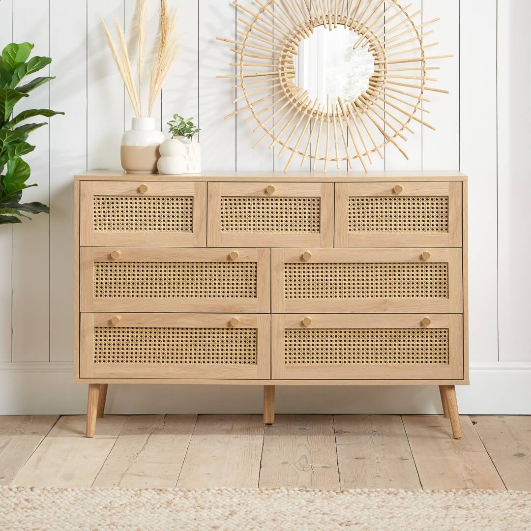 Birlea Croxley Oak 7 Drawer Rattan Chest