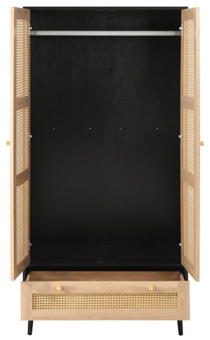 Birlea Croxley Black 2 Door 1 Drawer Rattan Wardrobe