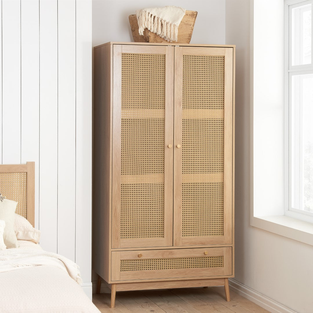 Birlea Croxley Oak 2 Door 1 Drawer Rattan Wardrobe