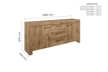 Birlea Compton Oak 3 Drawer 2 Door Sideboard