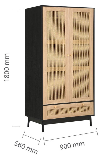 Birlea Croxley Black 2 Door 1 Drawer Rattan Wardrobe