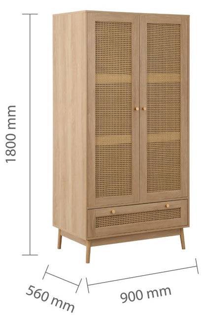 Birlea Croxley Oak 2 Door 1 Drawer Rattan Wardrobe