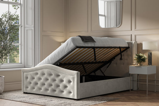 Emporia Draycott 5ft Kingsize Light Grey Velvet Ottoman Bed Frame
