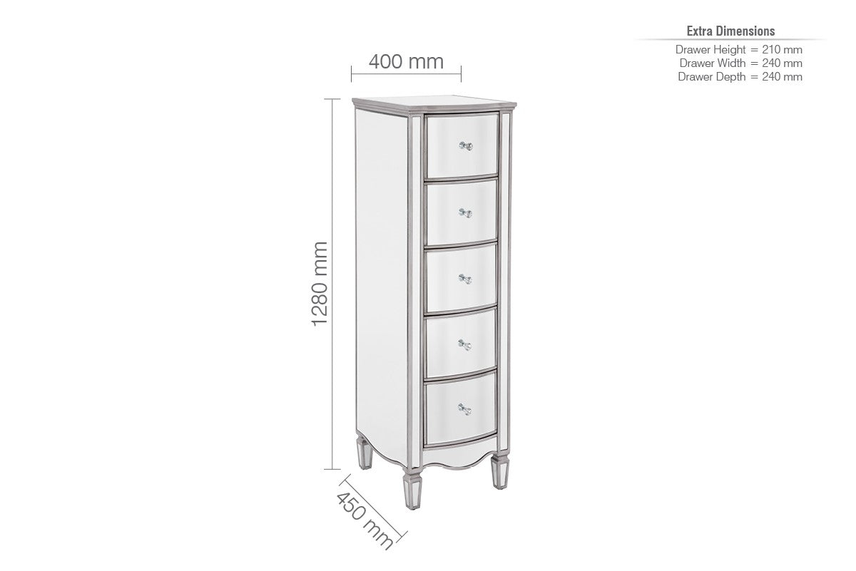 Birlea Elysee Glass 5 Drawer Narrow Chest
