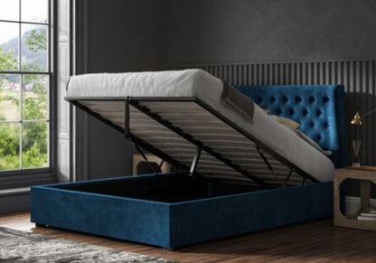 Emporia Hampstead 6ft Super Kingsize Blue Velvet Ottoman Bed Frame