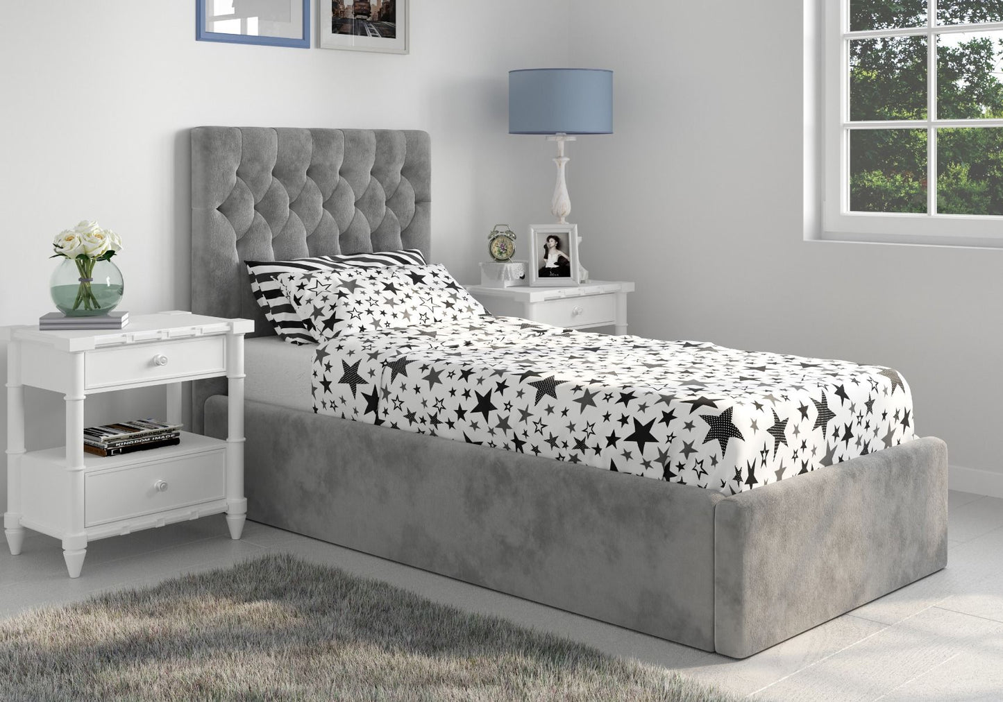 Flair Milan 3ft Single Steel Grey Velvet Ottoman Bed Frame