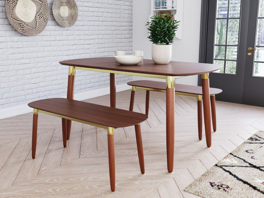 Flair Furnishings Edelweiss Walnut & Brass Dining Table & Bench Set