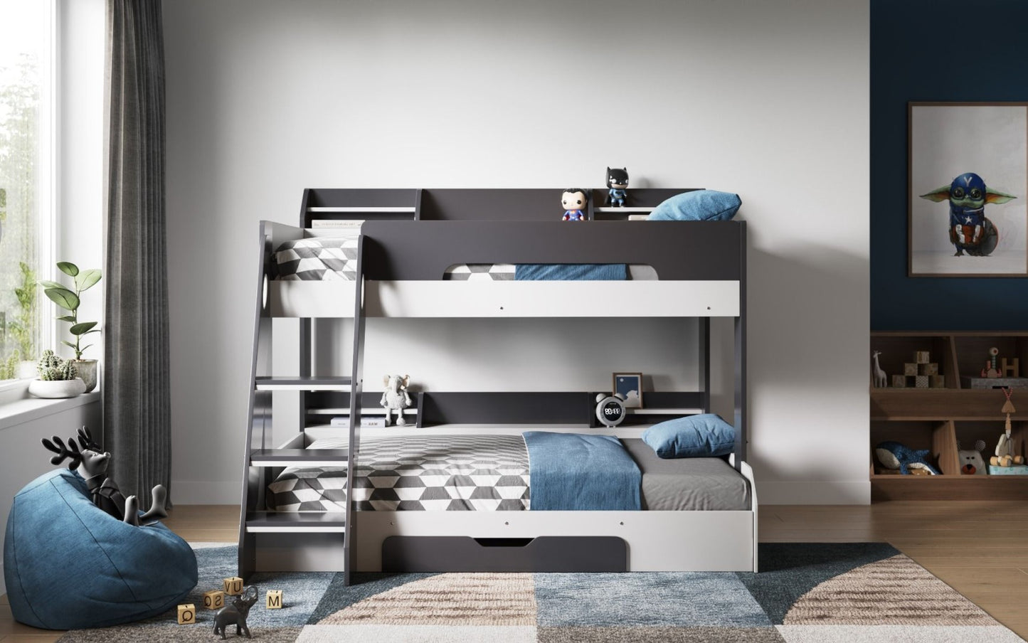 Flair Furnishings Flick Grey Triple Bunk Bed with Shelves and drawers W 164.5 x L 198 x H 158.9 cm