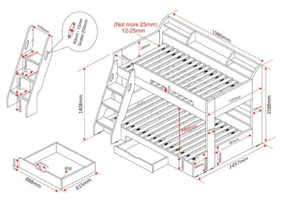 Flair Furnishings Flick Grey Triple Bunk Bed with Storage.Dimensions W 164.5 x L 198 x H 158.9 cm