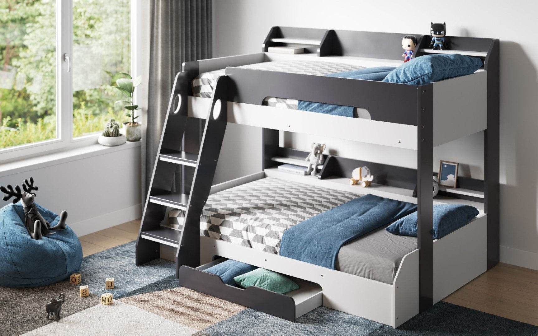 Flair Furnishings Flick Grey Triple Bunk Bed with Storage