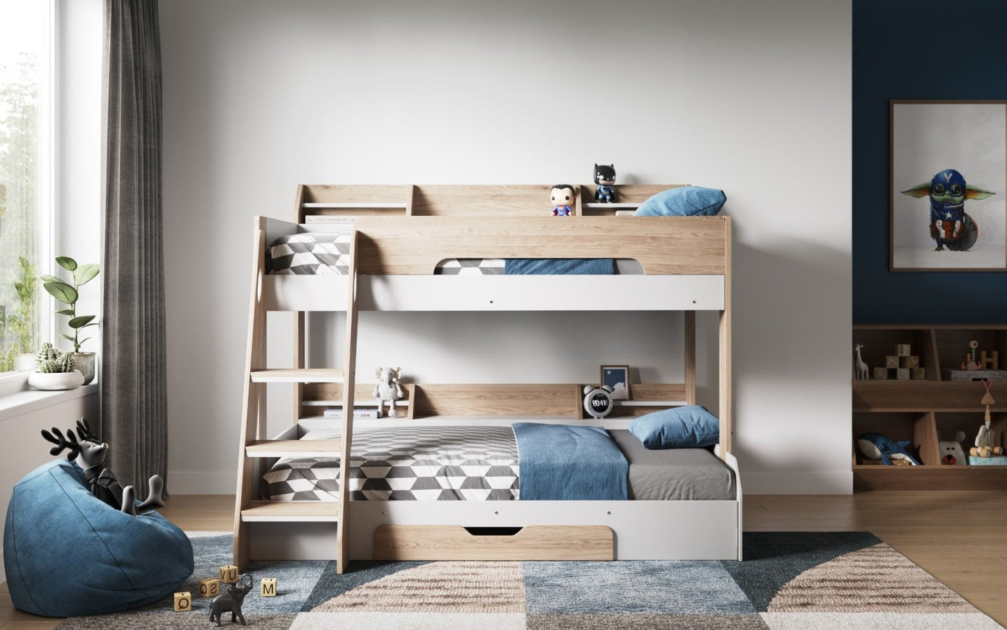 Flair Furnishings Flick Oak Triple Bunk Bed Framewith Shelve and Drawer