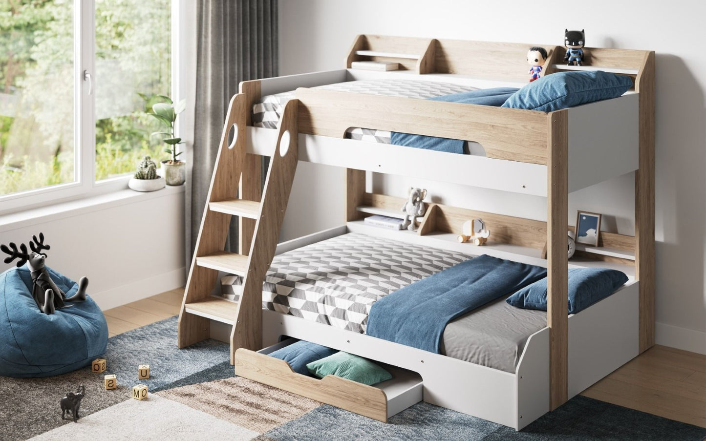 Flair Furnishings Flick Oak Triple Bunk Bed frame with Shelve and Drawers