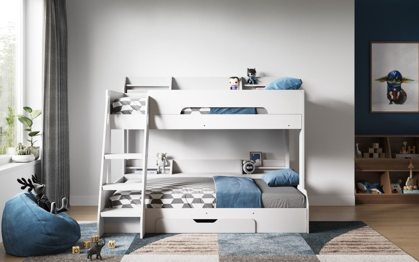 Flair Furnishings Flick White Triple Bunk Bed with Shelves and Drawer