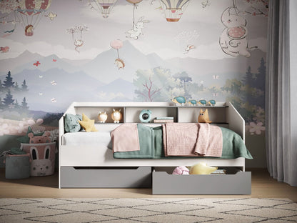 Flair Furnishings Leni White & Grey Day Bed Frame with Shelves and Drawers