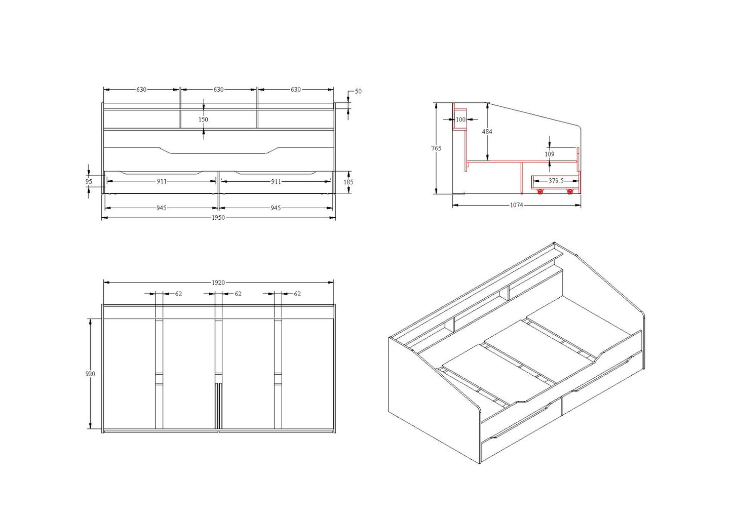 Flair Furnishings Leni White & Grey Day Bed Frame with Shelves and Drawers