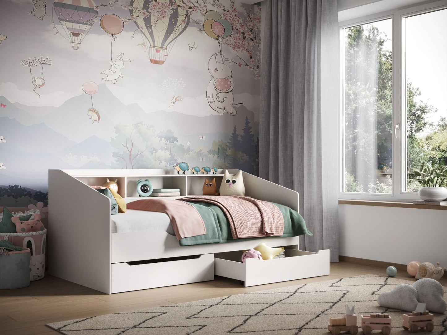 Flair Furnishings Leni White Day Bed Frame with Shelves and Drawers