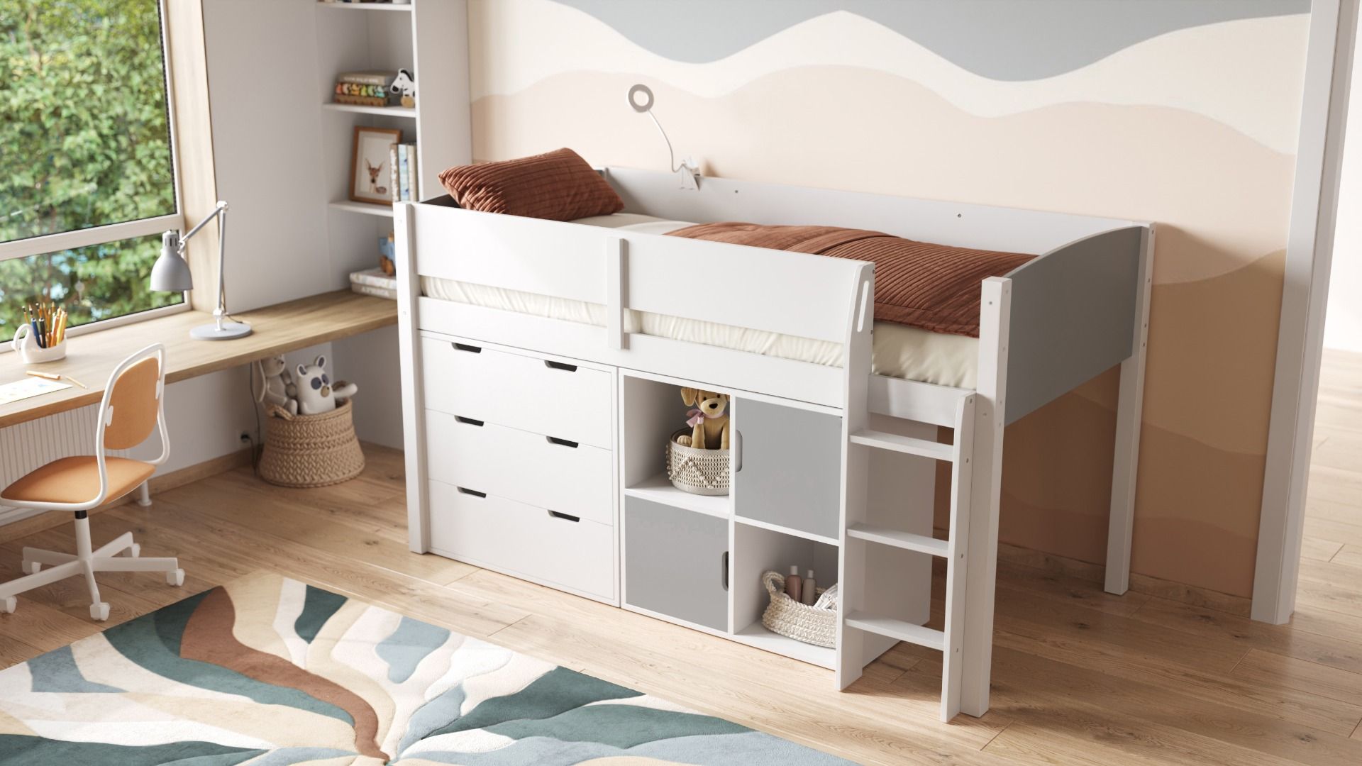 Flair Loop Midsleeper Bed Full Set With Doors-Grey-2 Grey Doors