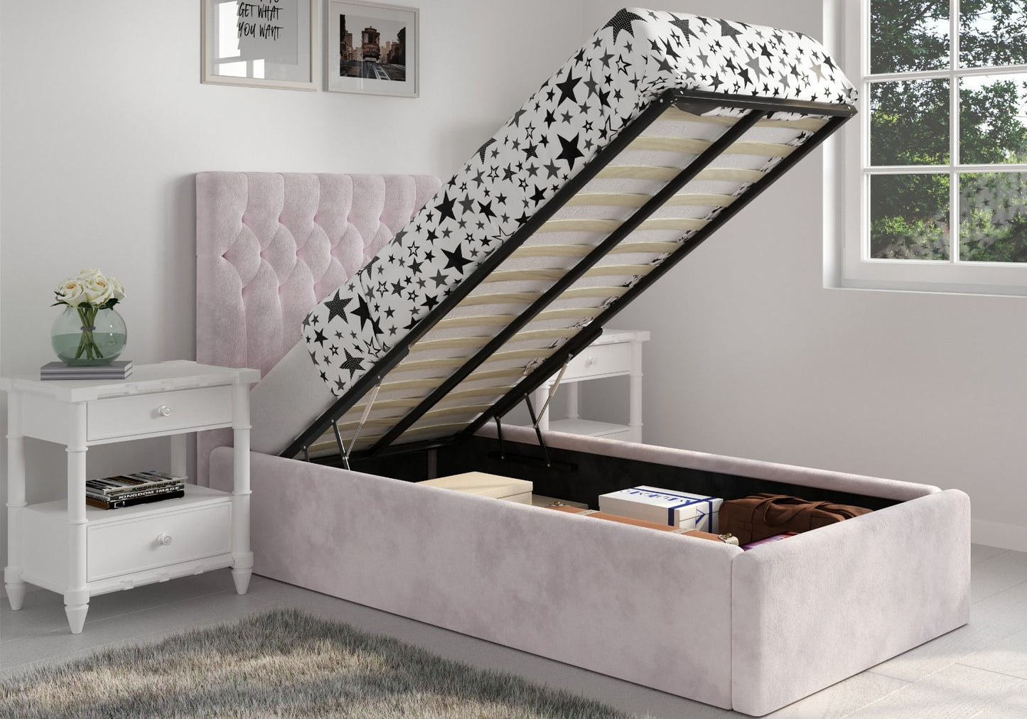 Flair Milan 3ft Single Blush Pink Velvet Ottoman Bed Frame