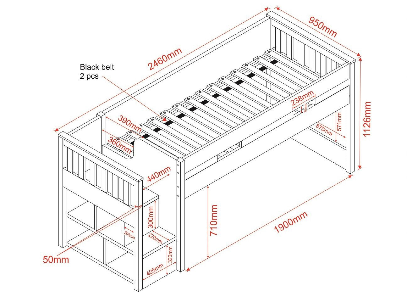 Flair Furnishings Charlie White Staircase Mid Sleeper Cabin Bed