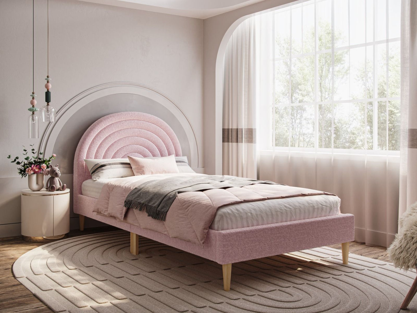 Flair Ava 3ft Single Pink Boucle Fabric Bed frame. Sale Price