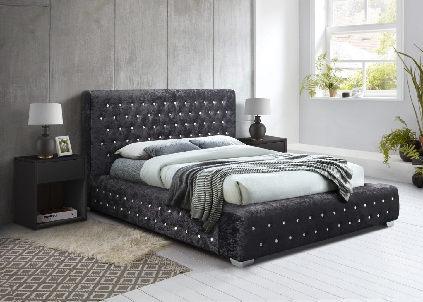 Birlea Grande 4ft6 Double Black Crushed Velvet Fabric Bed Frame