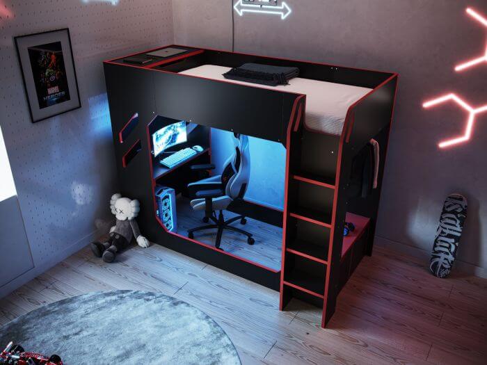 Recoil Shuttle Gaming High Sleeper Single Bed with Desk & LED Lights Black