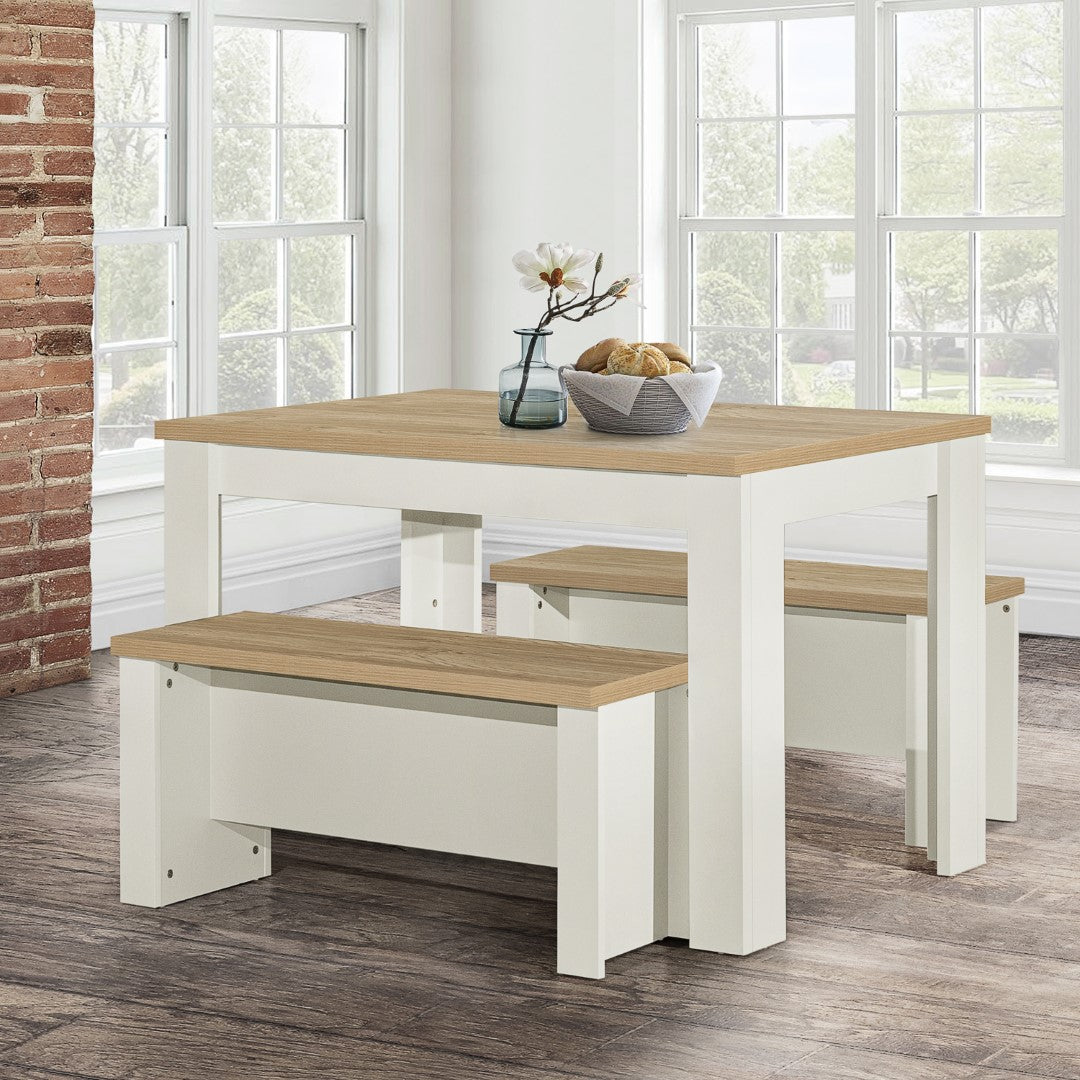 Birlea Highgate Cream And Oak Dining Table & Bench Set