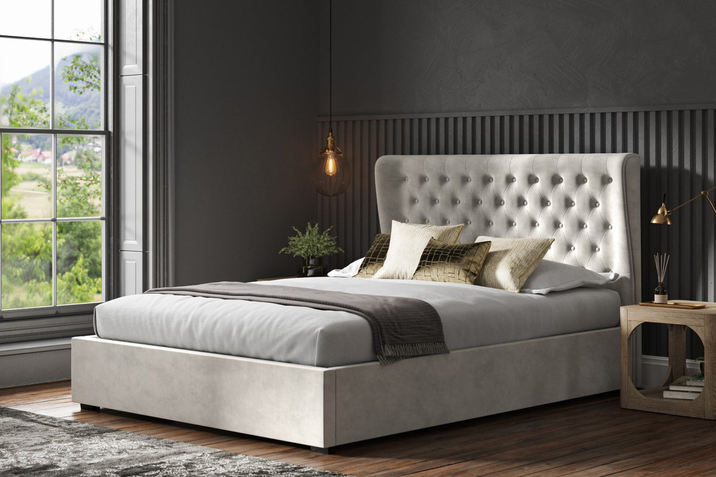 Emporia Hampstead 5ft Kingsize Light Grey Velvet Ottoman Bed Frame