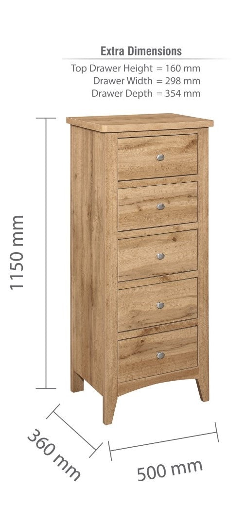 Birlea Hampstead Oak 5 Drawer Tall Chest