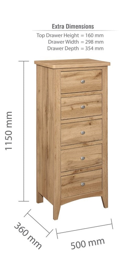 Birlea Hampstead Oak 5 Drawer Tall Chest