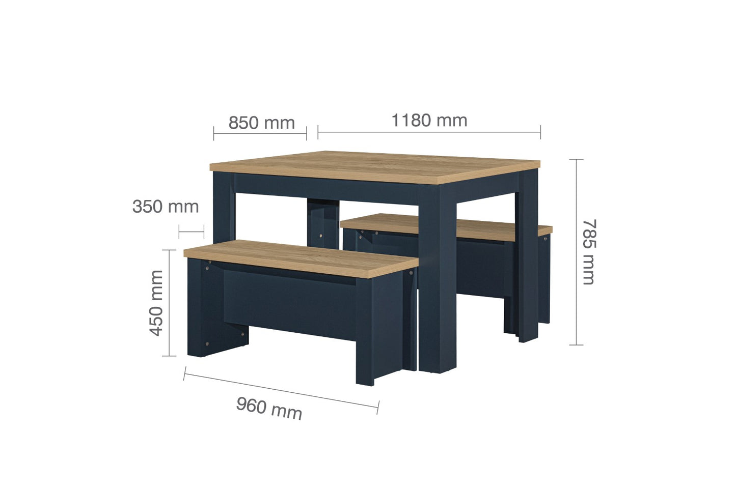 Birlea Highgate Blue And Oak Dining Table & Bench Set