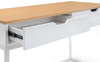 120cm california white office desk with oak finish top and comes with 2 drawers