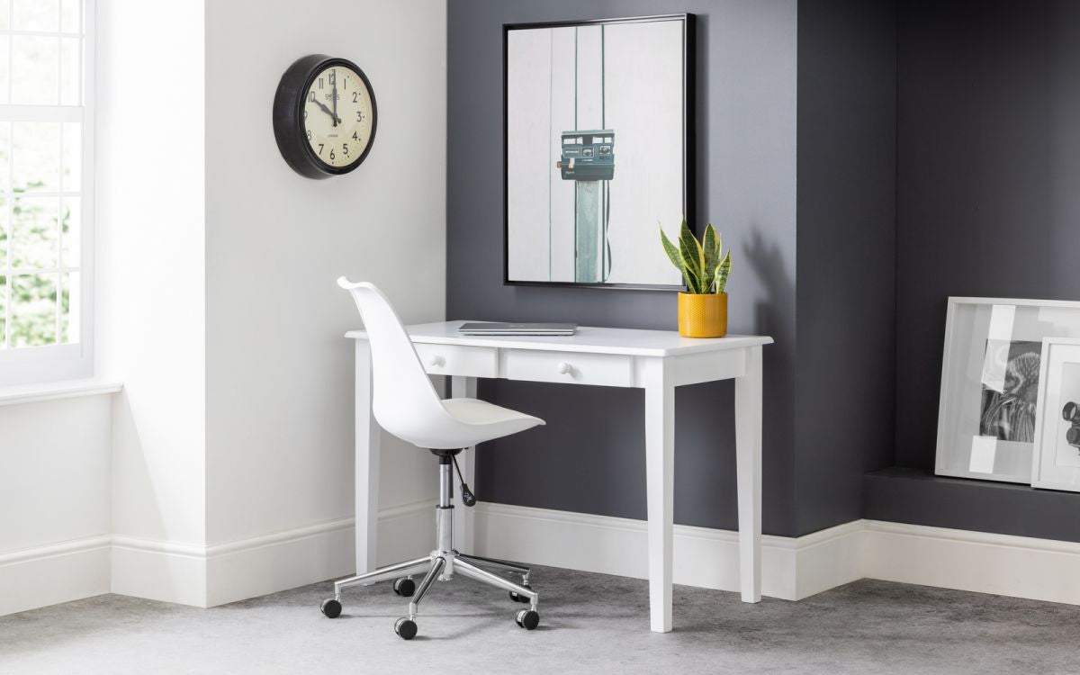 White wooden laptop desk with drawers