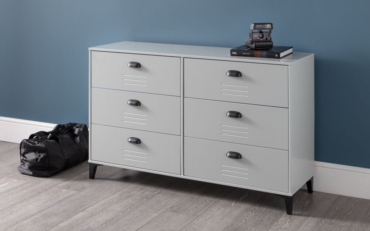 Julian Bowen Lakers Locker Grey Pine 6 Drawer Wide Chest
