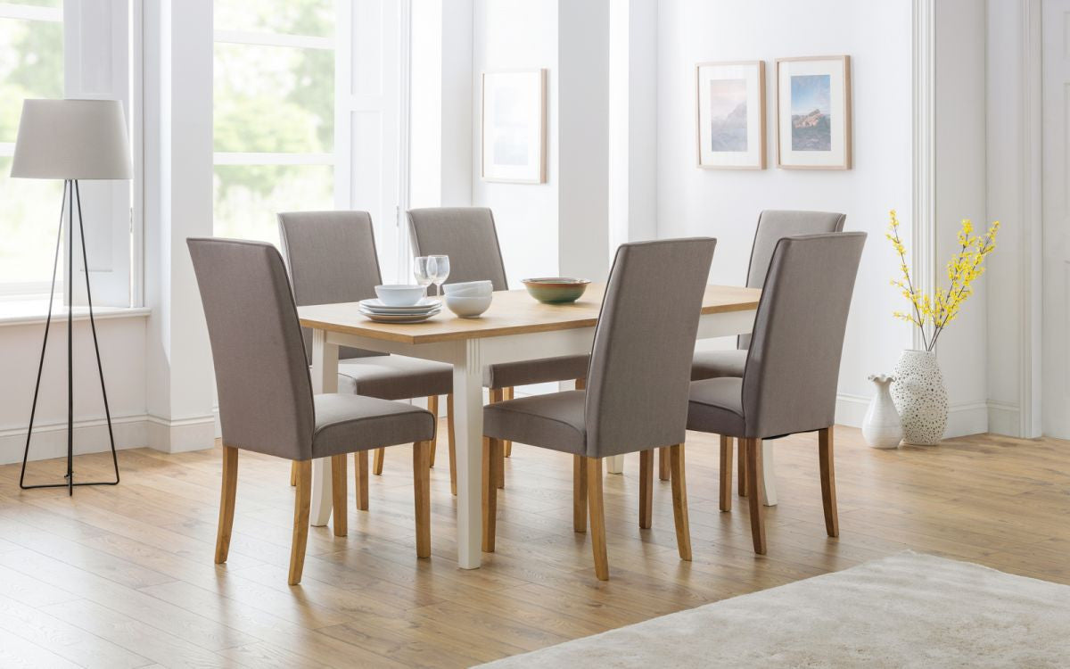2 x Julian Bowen Seville Taupe Linen Fabric Dining Chairs With Oak Finish Legs